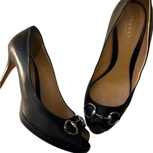 Gucci Black Leather HorseBit Heels